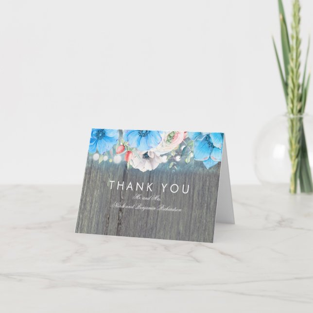 Turquoise Blue Floral Rustic Wedding Thank You (Front)