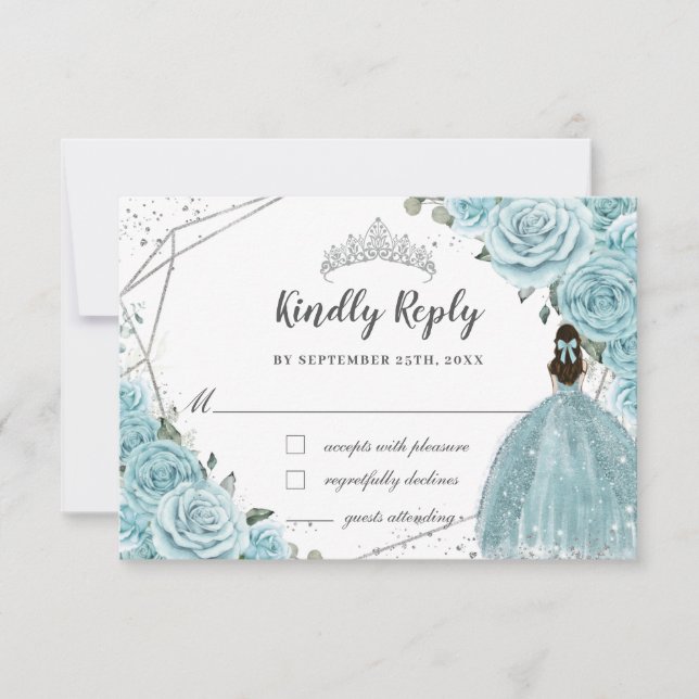 Turquoise Blue Floral Silver Quinceañera Princess RSVP Card (Front)