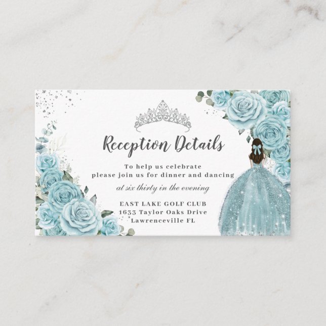 Turquoise Blue Floral Silver Quinceañera Reception Enclosure Card (Front)