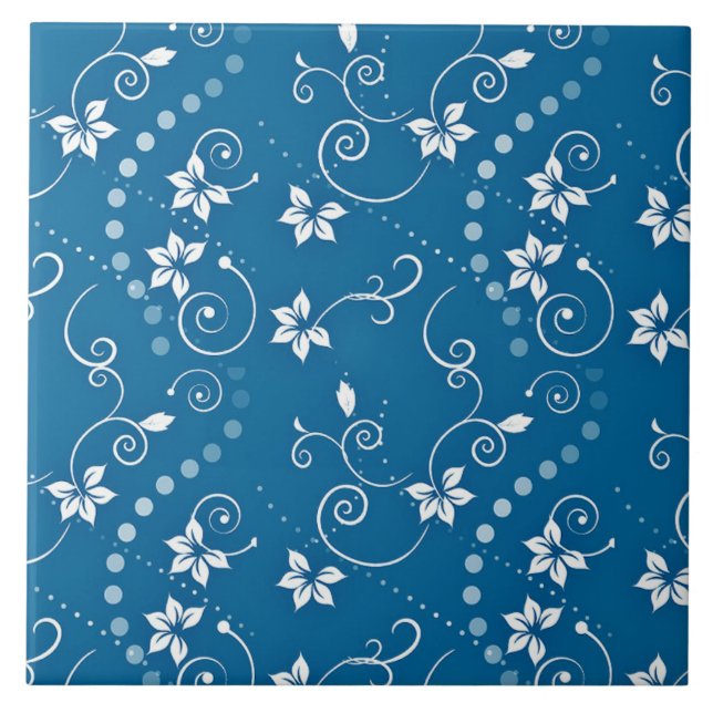 Turquoise Blue Floral Swirl Pattern Ceramic Tile (Front)