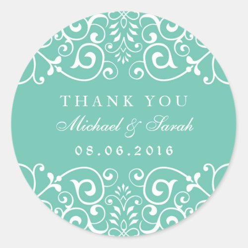 Turquoise Blue Floral Swirl Thank You Sticker