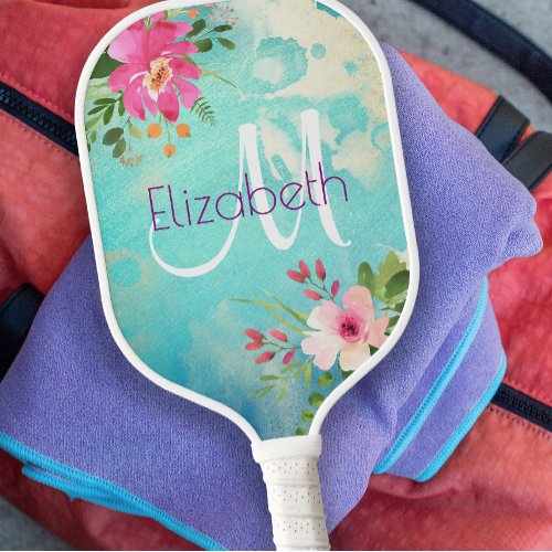 Turquoise Blue Floral Watercolor Modern Monogram Pickleball Paddle