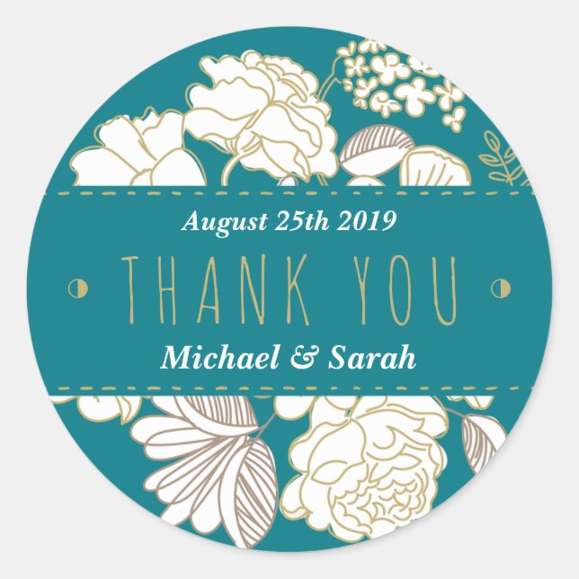 Turquoise Blue Flower Garden Wedding Favor Sticker (Front)