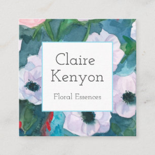Turquoise Blue Flowers Watercolor Florist Square Business Card