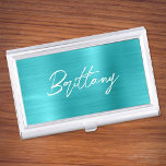 Turquoise Blue Foil Modern Brush Script First Name Business Card Case<br><div class="desc">A first name business card case holder for her. The script is a lovely, brush stroke modern handwritten script that is a perfect gift for your friend. The very decorative brush stroke style will often need to be centered if your given name needs a different placement than this popular millennial...</div>