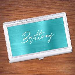Turquoise Blue Foil Modern Brush Script First Name Business Card Case