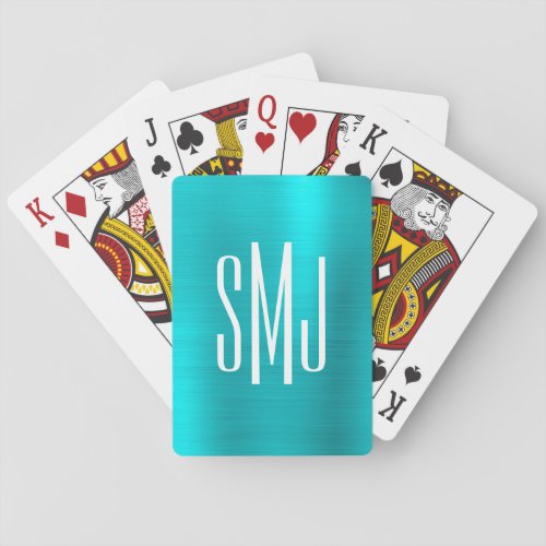Turquoise Blue Foil Three Letter Monogram Playing Cards
