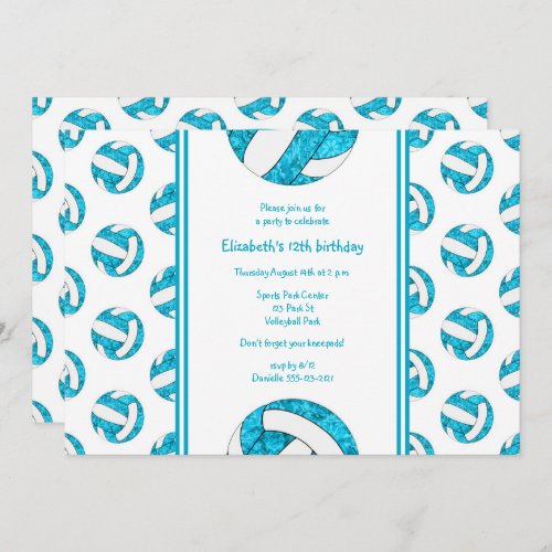 turquoise blue girls volleyball birthday party invitation