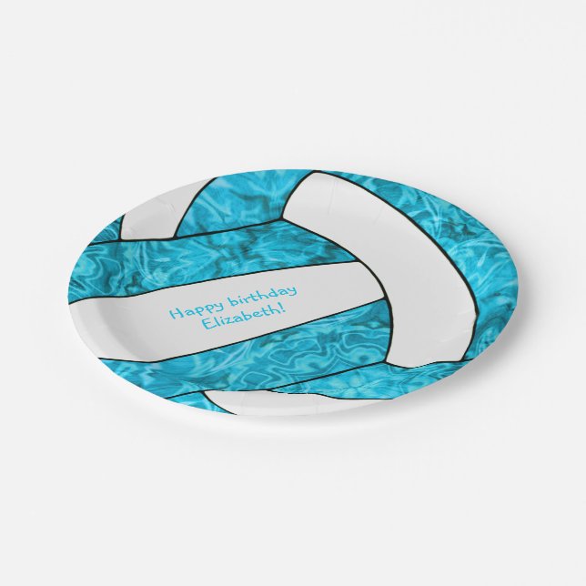 turquoise blue girl's volleyball birthday party paper plates (Angled)