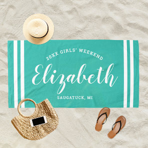 Turquoise Blue Girls Weekend Personalized Name Beach Towel