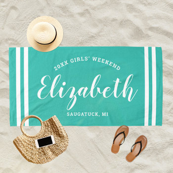 Turquoise Blue Girls Weekend Personalized Name Beach Towel by Plush_Paper at Zazzle