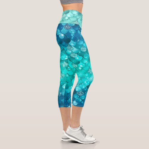 Turquoise Blue Girly Mermaid Glitter Scale Pattern Capri Leggings