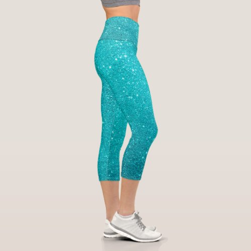 Turquoise Blue Glitter and Sparkles  Capri Leggings