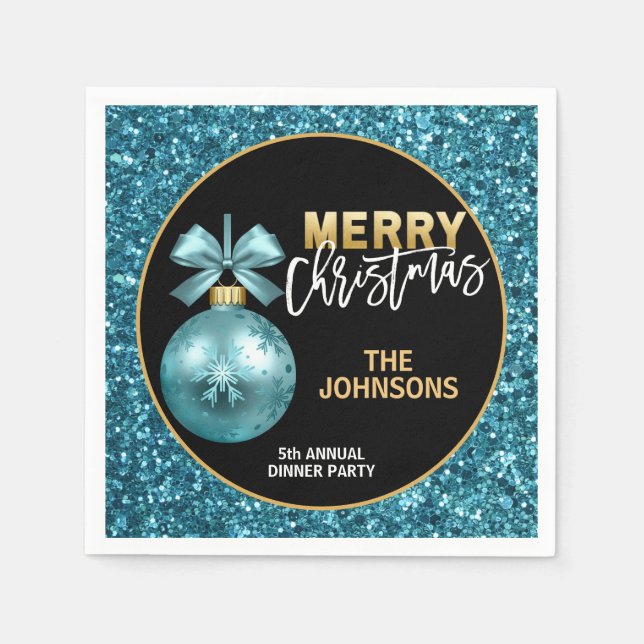 Turquoise Blue Glitter Annual Dinner Christmas Napkins (Front)