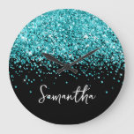 Turquoise Blue Glitter Black Script Name Large Clock