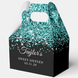 Turquoise Blue Glitter Black Sweet Sixteen Favor Boxes