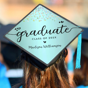 Turquoise Blue Glitter Jewels Modern Script Hearts Graduation Cap Topper