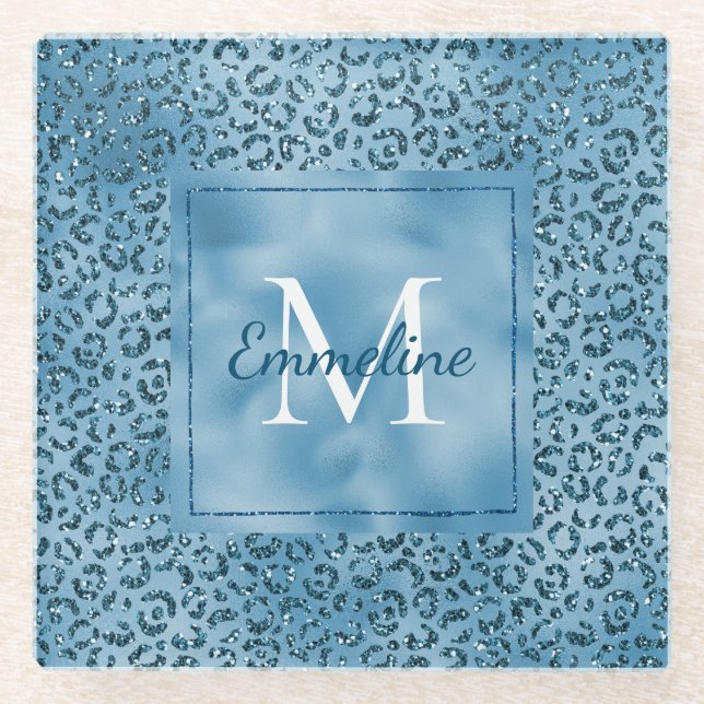 Turquoise Blue Glitter Leopard Print Monogram     Glass Coaster (Front)