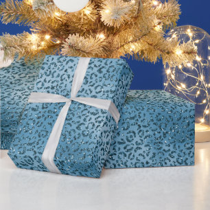 Turquoise Blue Glitter Leopard Print Wrapping Paper