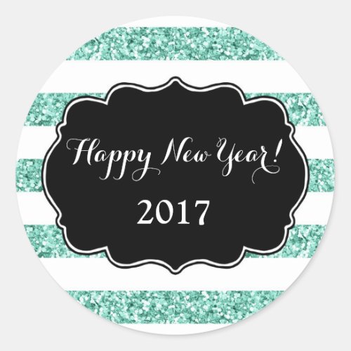 Turquoise Blue Glitter Stripes Happy New Year 2017 Classic Round Sticker