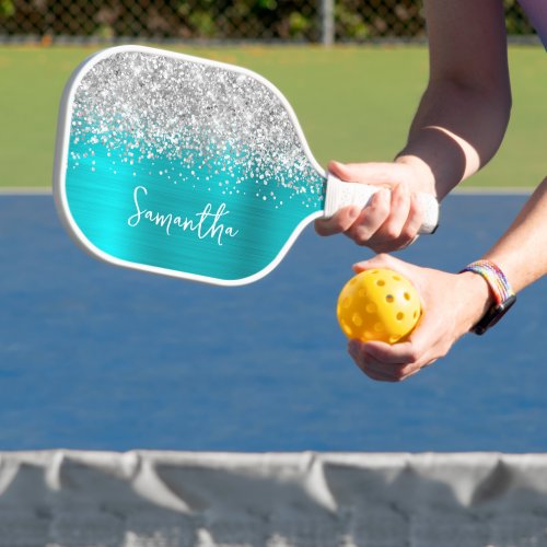 Turquoise Blue Glittery Silver Glam Script Name Pickleball Paddle