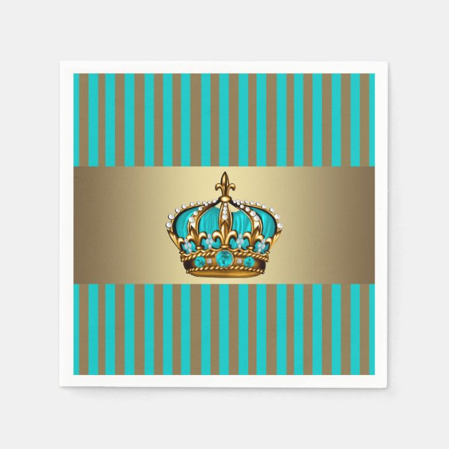 Turquoise Blue Gold Crown Prince Paper Napkins (Front)