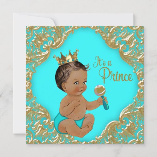 Turquoise Blue Gold Ethnic Prince Baby Shower Invitation