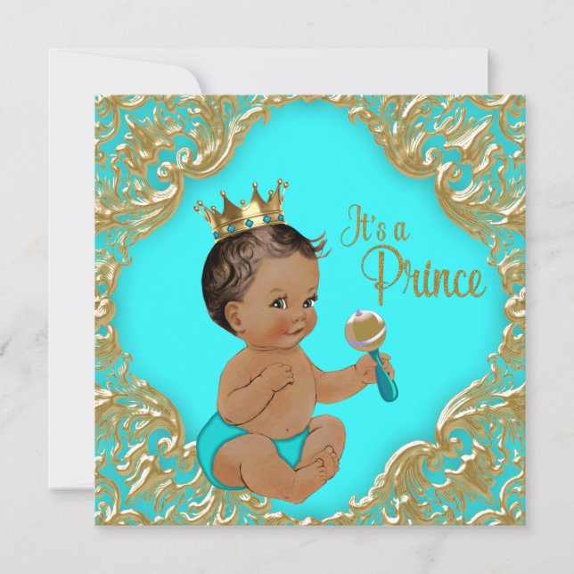 Turquoise Blue Gold Ethnic Prince Baby Shower Invitation (Front)