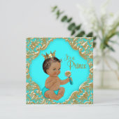 Turquoise Blue Gold Ethnic Prince Baby Shower Invitation (Standing Front)