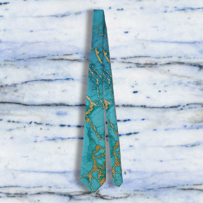 Turquoise blue Gold Foil Marble Stone Rock Tie