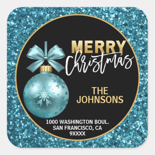 Turquoise Blue Gold Glitter Christmas Address Square Sticker