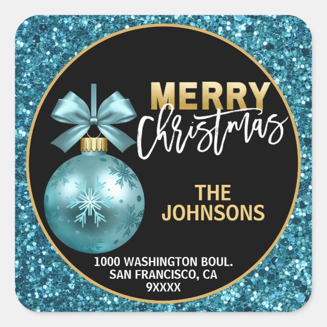 Turquoise Blue Gold Glitter Christmas Address Square Sticker (Front)