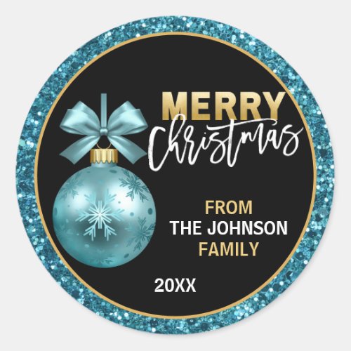 Turquoise Blue Gold Glitter Merry Christmas Classic Round Sticker