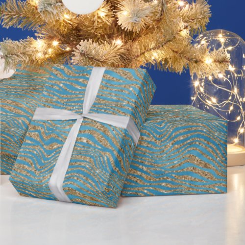 Turquoise Blue Gold Glitter Zebra Print Wrapping Paper