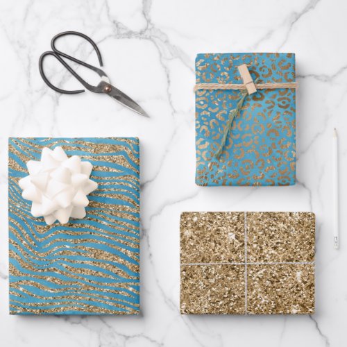 Turquoise Blue Gold Glitter Zebra Print Wrapping Paper Sheets