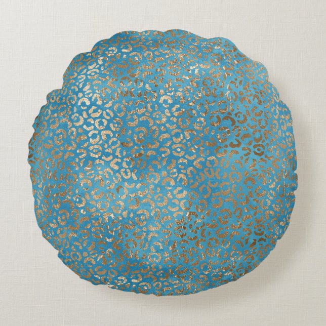 Turquoise Blue Gold Leopard print Round Pillow (Front)