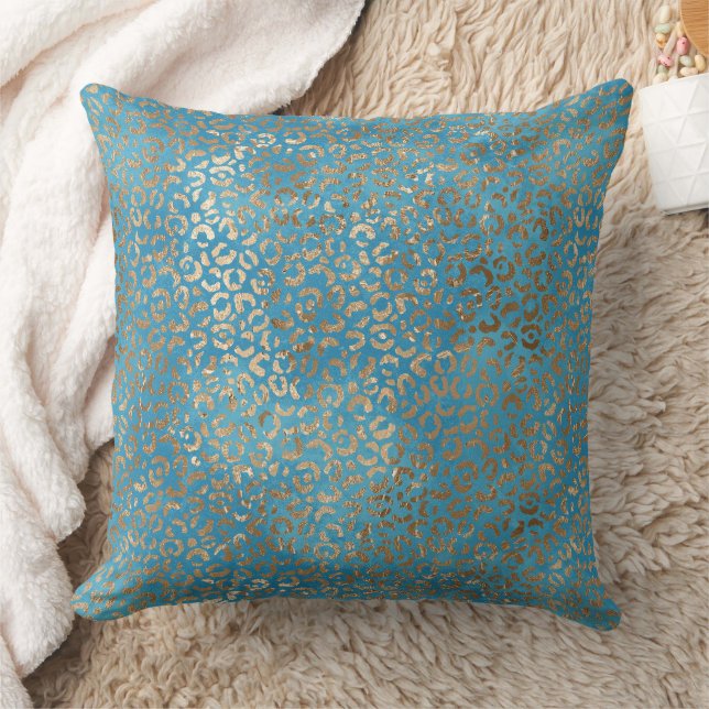 Turquoise Blue Gold Leopard print Throw Pillow (Blanket)