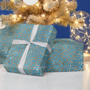 Turquoise Blue Gold Leopard Print Wrapping Paper