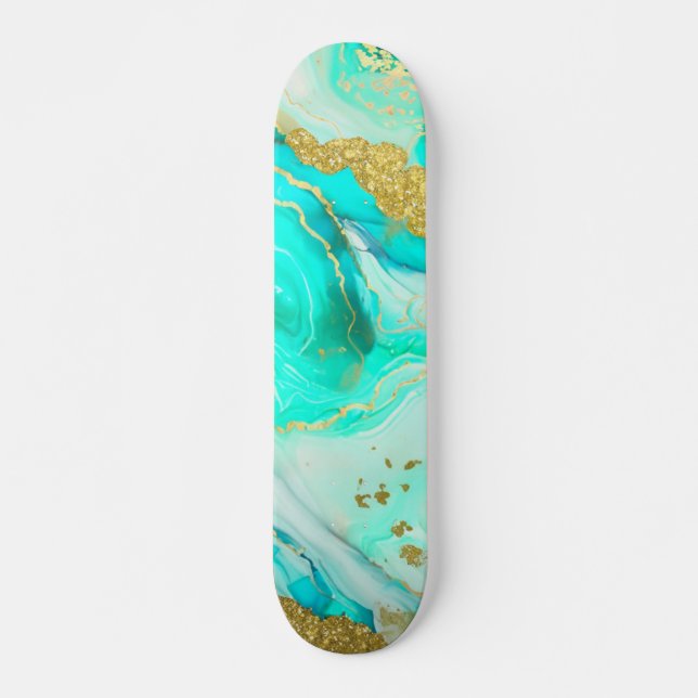 Turquoise Blue Gold Marble Geode Alcohol Ink Skateboard (Front)