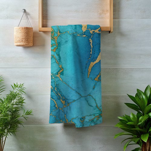 Turquoise Blue Gold Marble Stone Rock Metallic Bath Towel Set