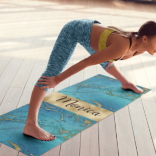 Turquoise Blue Gold Metallic Marble Stone Monogram Yoga Mat