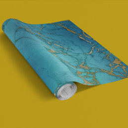 Turquoise Blue Gold Metallic Marble Stone Wrapping Paper