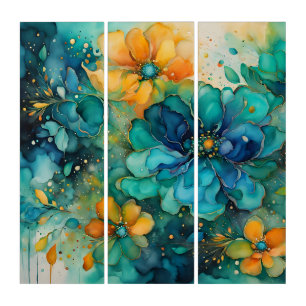 Turquoise Blue Gold Orange Abstract Floral Triptych