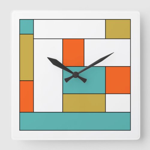 Turquoise Blue Gold Orange Color Block Mid Mod Square Wall Clock