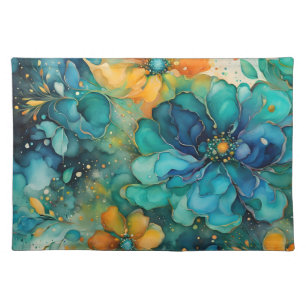 Turquoise Blue gold orange Floral *Personalize* Cloth Placemat