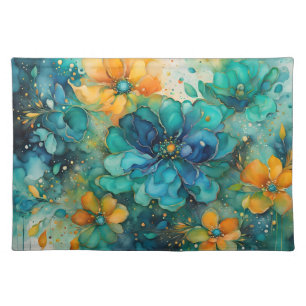 Turquoise Blue gold orange Floral *Personalize* Cloth Placemat