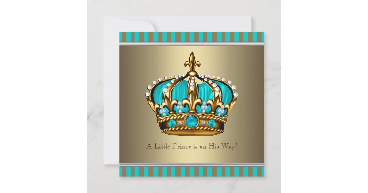 Turquoise Blue Gold Prince Baby Shower Invitation | Zazzle