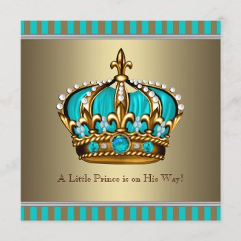 Turquoise Blue Gold Prince Baby Shower Invitation by BabyCentral at Zazzle
