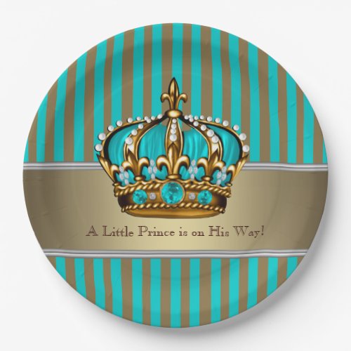 Turquoise Blue Gold Prince Baby Shower Paper Plates