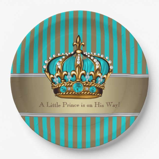 Turquoise Blue Gold Prince Baby Shower Paper Plates (Front)